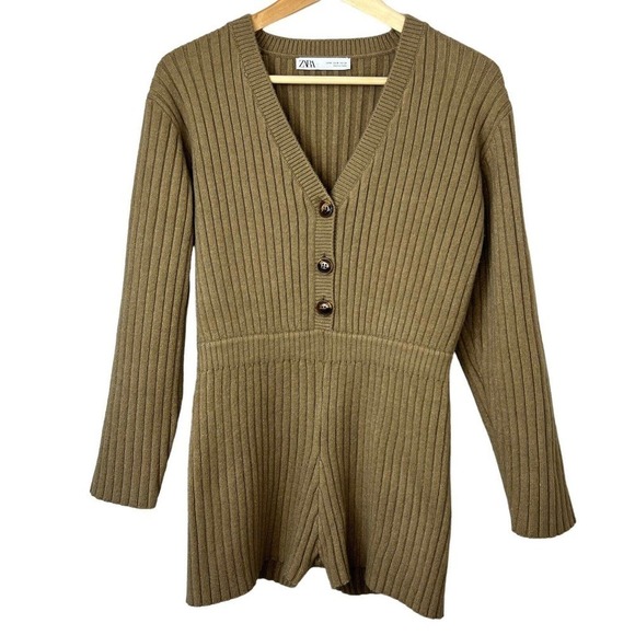 Zara Tan Chunky Knit Romper Jumpsuit Playsuit Size M Ribbed Knit - Picture 5 of 14